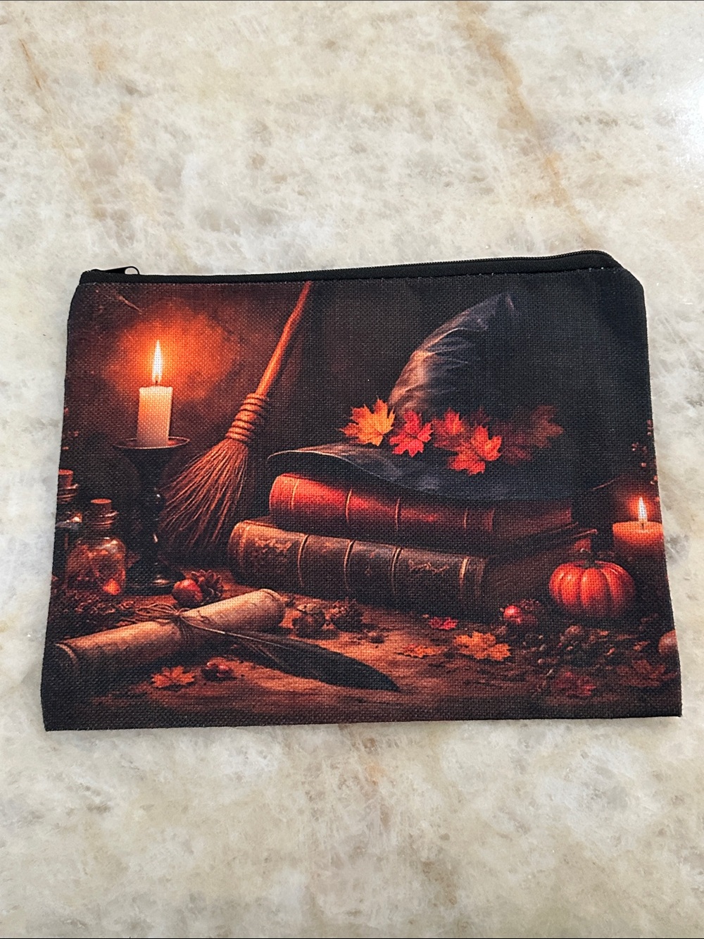 Autumn Witch Hat & Books Decorative Zip Pouch - Black and Orange